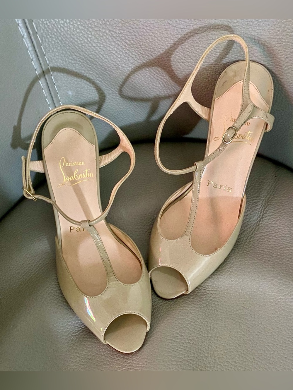 Christian Louboutin tan  T-Strap Peep-Toe Slingback Heels - Picture 3 of 15
